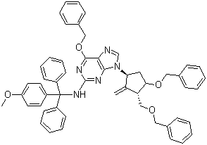 Struktur image of 6-(Benzyloxy)-9-(1S,3R,3S)-4-(benzyloxy)-3-(benzyoxymethyl)-2-methylenecyclopentyl)-N-((4-methyoxyphenyl)diphenylmethyl)-9H-purin-2-amine)