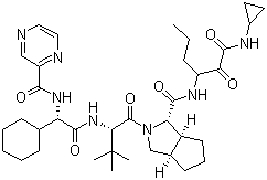 Struktur image of Cyclopenta(c)pyrrole-1-carboxamide, (2S)-2-cyclohexyl-N-(pyrazinylcarbonyl)glycyl-3-methyl-L-valyl-N-((1S)-1-((cyclopropylamino)oxoacetyl)butyl)octahydro-(1S,3aR,6aS)- VX-950