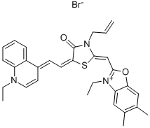 Struktur image of 2-{3-Allyl-5-[2-(1-ethyl-4(1H)-quinolinylidene)ethylidene]-4-oxo-2-thiazolidinylidene}methyl-5,6-dimethyl-3-ethylbenzoxazolium bromide